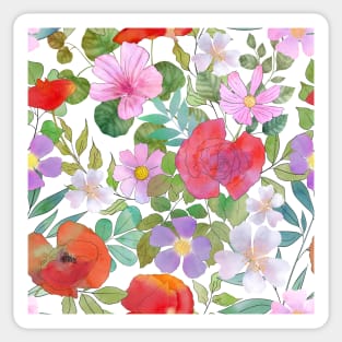 Spring various flowers and leaves watercolor botanical print. Poppies, daisy, rose flowers blossom. Different wildflowers. Sticker